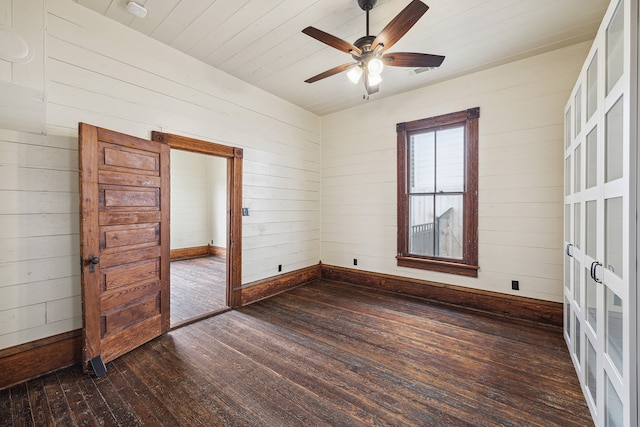 spare room with dark wood-type flooring, wooden walls, and ceiling fan