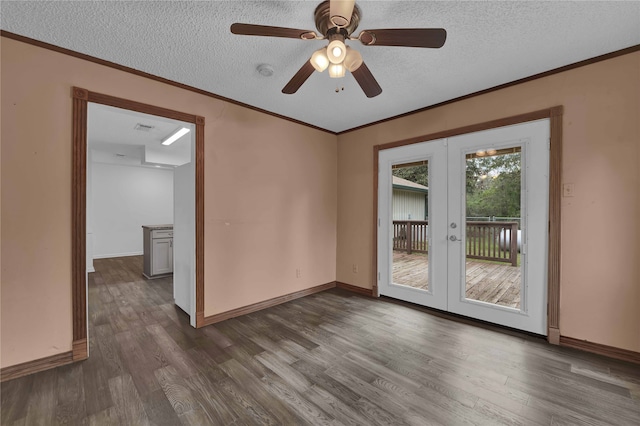 unfurnished room featuring dark wood-type flooring, french doors, ceiling fan, and a textured ceiling