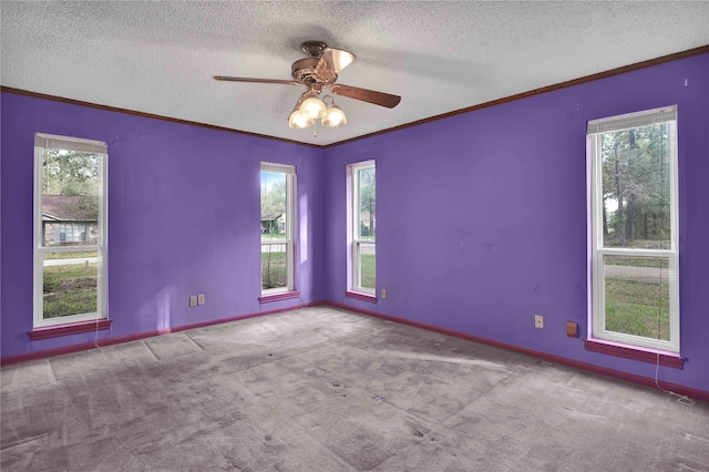 carpeted empty room with ceiling fan, a textured ceiling, and crown molding