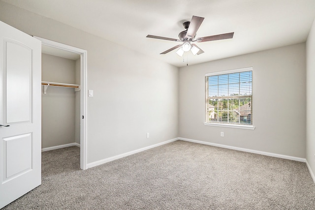 unfurnished bedroom with ceiling fan, carpet flooring, a closet, and a walk in closet