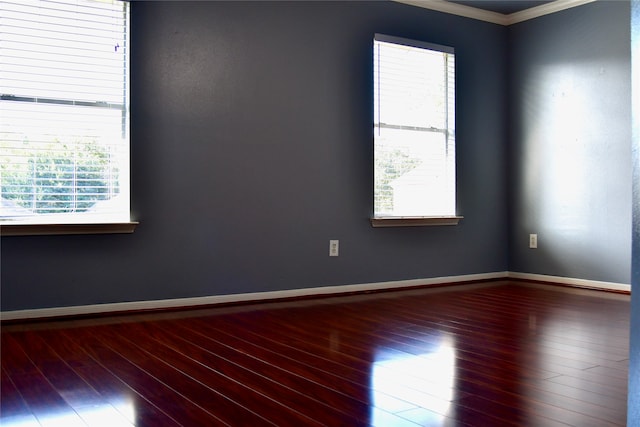 unfurnished room with ornamental molding, a wealth of natural light, and dark hardwood / wood-style floors