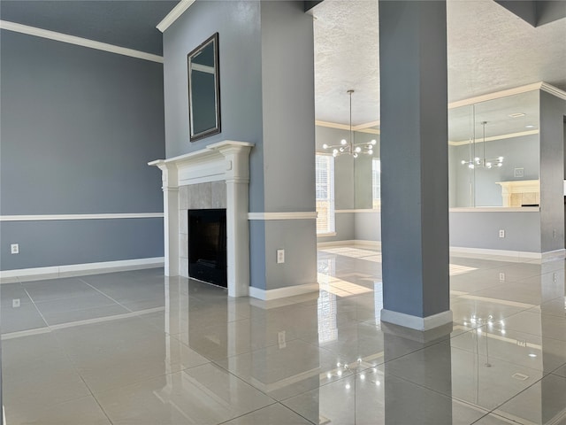 unfurnished living room featuring ornamental molding, tile patterned floors, and a tile fireplace