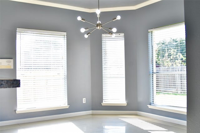 unfurnished dining area featuring ornamental molding, a notable chandelier, and light tile patterned flooring