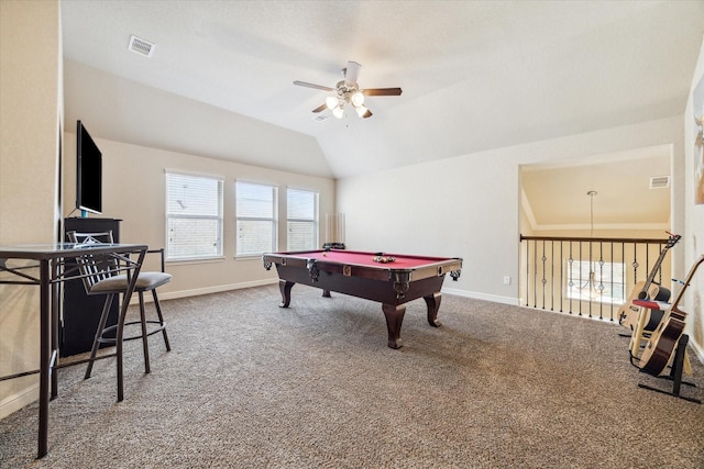 playroom with carpet flooring, ceiling fan, billiards, and vaulted ceiling