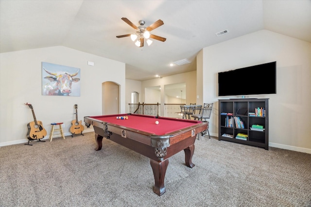 recreation room with carpet, ceiling fan, pool table, and vaulted ceiling