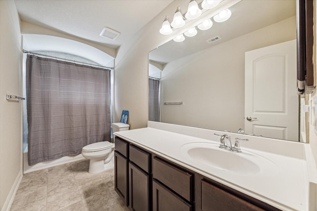 full bathroom featuring vanity, toilet, and shower / bathtub combination with curtain