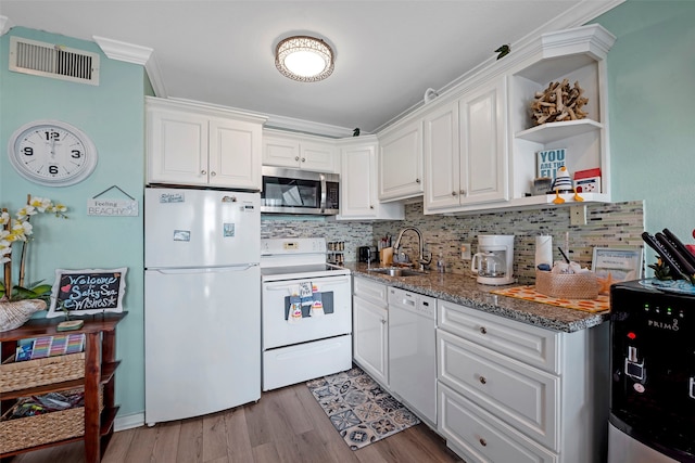 kitchen featuring white cabinets, sink, crown molding, light wood-type flooring, and white appliances