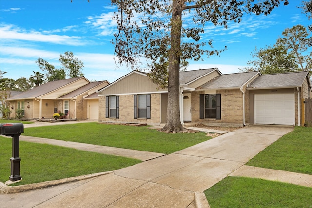 single story home with a garage and a front yard