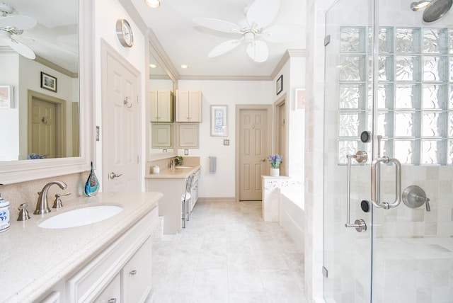 bathroom with separate shower and tub, tile patterned floors, vanity, ceiling fan, and crown molding