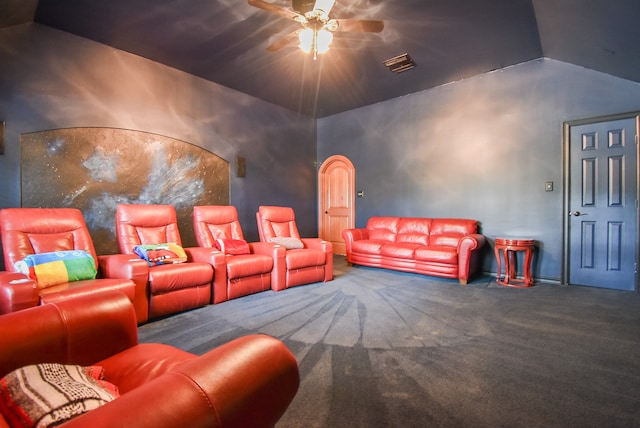 home theater with carpet, lofted ceiling, and ceiling fan