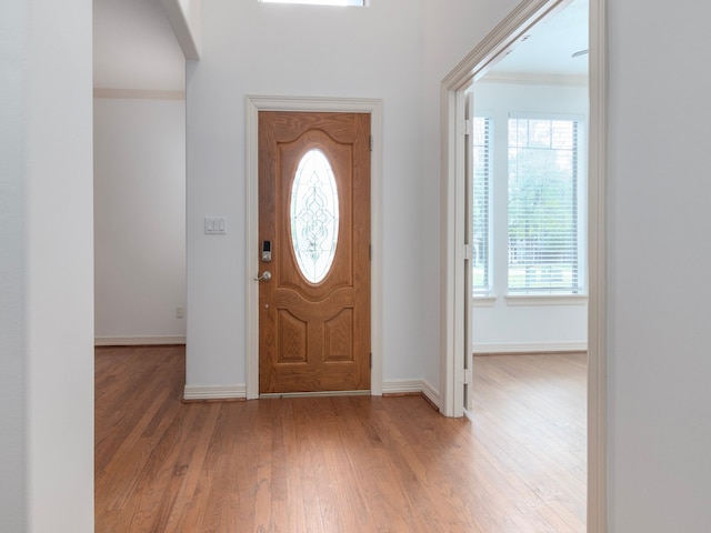 entrance foyer with ornamental molding and wood-type flooring