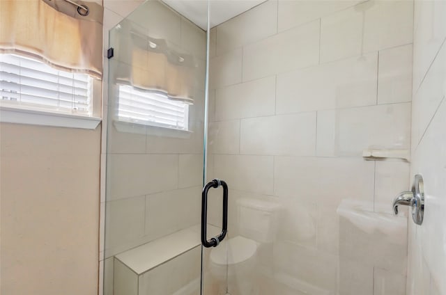 bathroom featuring a shower with shower door