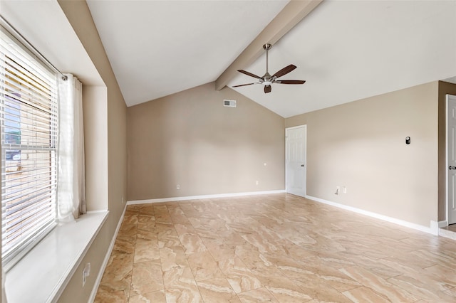 unfurnished room with lofted ceiling with beams and ceiling fan