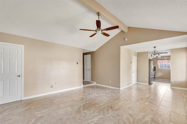 empty room featuring ceiling fan with notable chandelier and vaulted ceiling with beams