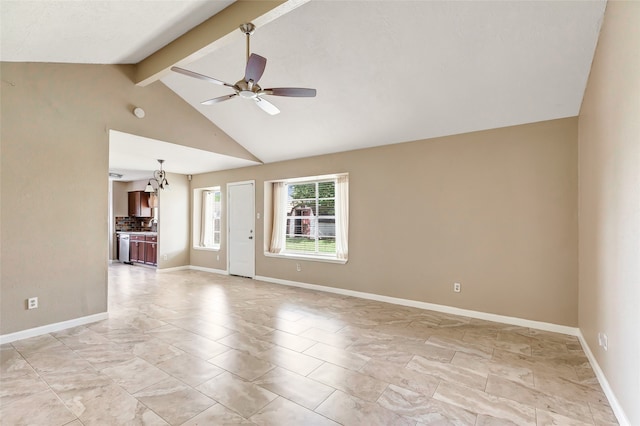 unfurnished living room with ceiling fan with notable chandelier and lofted ceiling with beams