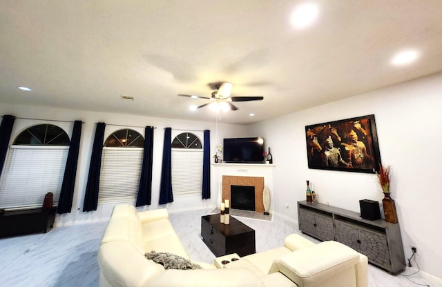 living room with light carpet and ceiling fan