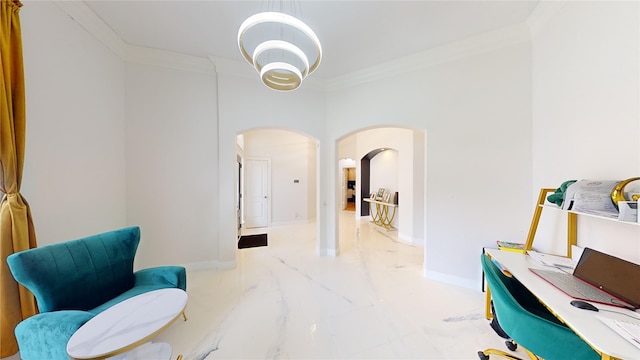 4009 Ravencrest Ct, Pearland, TX 77584 - living area featuring arched walkways, ornamental molding, marble finish floors, and baseboards