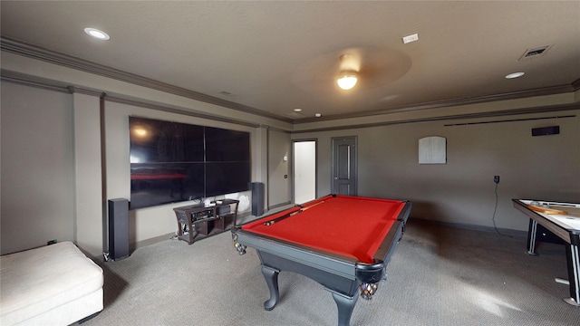 rec room with carpet, ceiling fan, ornamental molding, and pool table