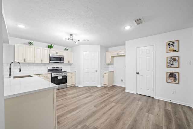 kitchen featuring sink, light wood-type flooring, appliances with stainless steel finishes, and tasteful backsplash