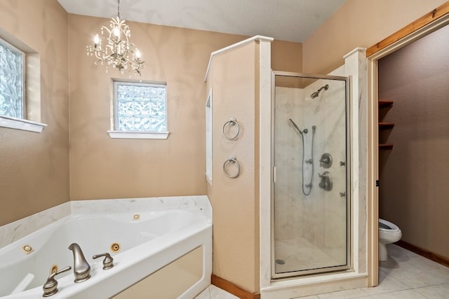 bathroom featuring toilet, a shower stall, a textured ceiling, tile patterned flooring, and a whirlpool tub