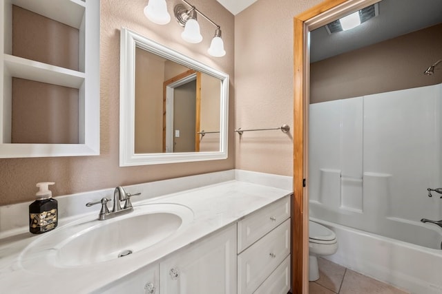 bathroom featuring toilet, tile patterned flooring, vanity, and shower / bathtub combination