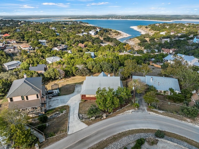 aerial view featuring a water view and a residential view