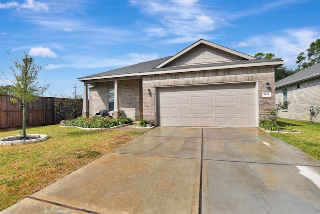 single story home with a garage and a front yard