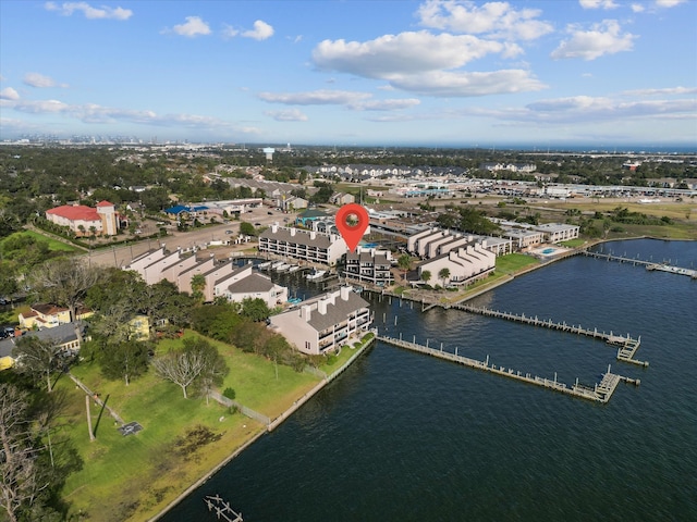 drone / aerial view with a water view