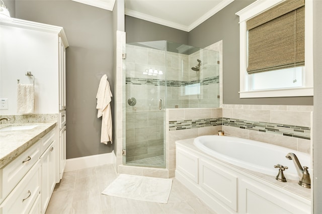 bathroom with tile patterned floors, vanity, crown molding, and shower with separate bathtub