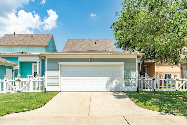 view of front of home with a front lawn and a garage