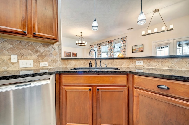 kitchen with backsplash, hanging light fixtures, an inviting chandelier, sink, and dishwasher