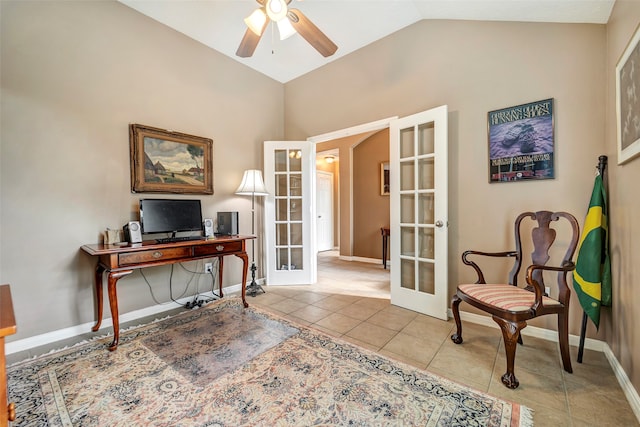 tiled home office with french doors, vaulted ceiling, and ceiling fan