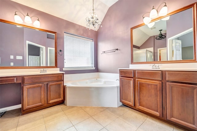 bathroom with tile patterned flooring, vanity, plus walk in shower, a notable chandelier, and vaulted ceiling