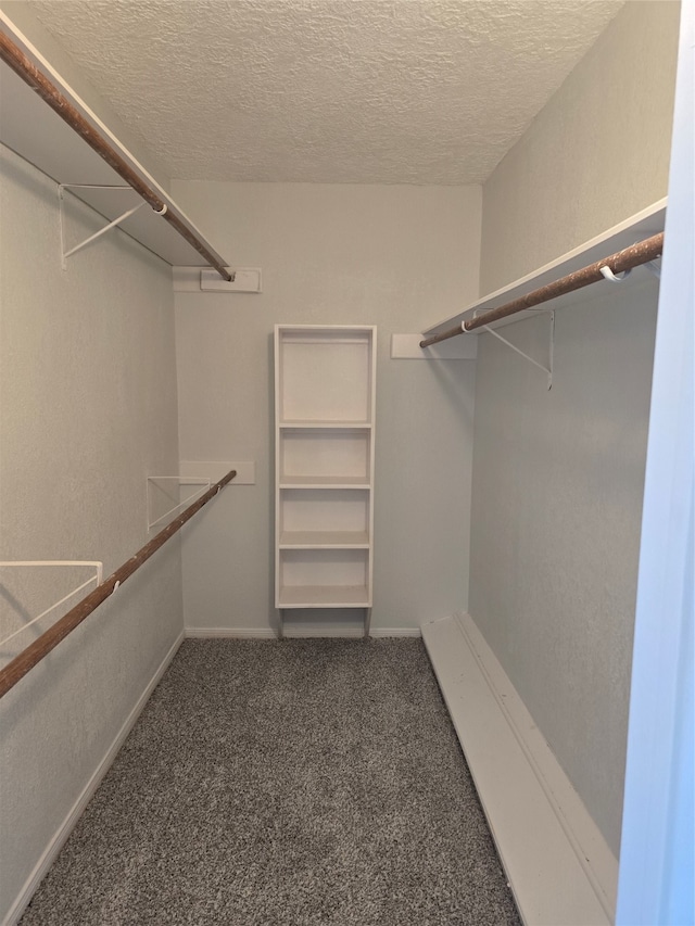 walk in closet featuring dark carpet