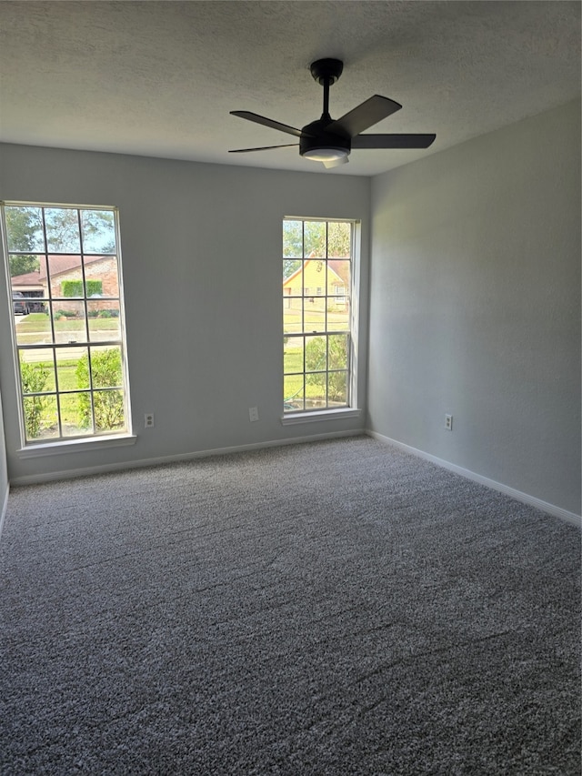 carpeted empty room featuring a textured ceiling, plenty of natural light, and ceiling fan