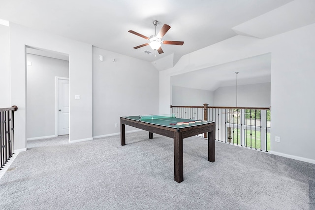 playroom with lofted ceiling, carpet flooring, and ceiling fan