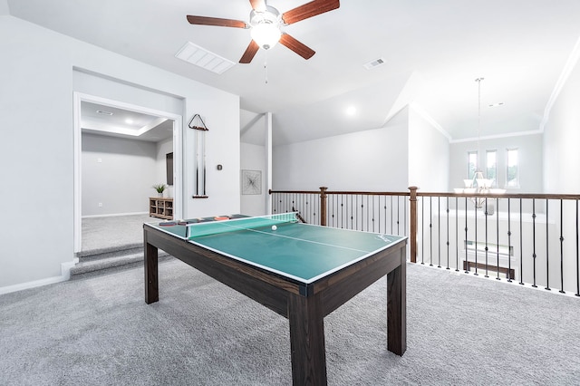 rec room featuring ceiling fan, lofted ceiling, carpet floors, and crown molding