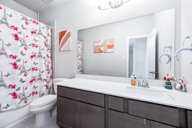 full bathroom featuring tile patterned floors, vanity, toilet, and shower / bath combination with curtain