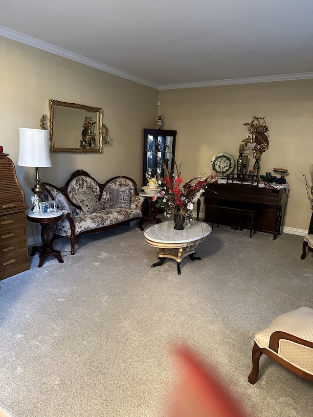 carpeted living room with ornamental molding