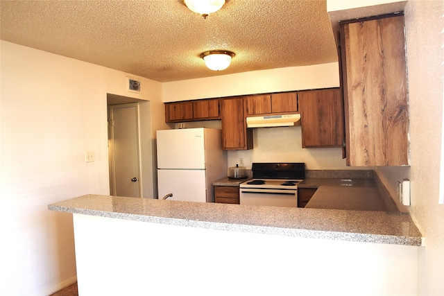 12264 Bob White Dr Unit 122, Houston, TX 77035 - kitchen featuring a peninsula, white appliances, brown cabinets, visible vents, and under cabinet range hood