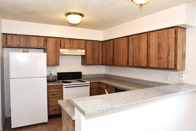 kitchen featuring white appliances, a textured ceiling, light tile patterned floors, and kitchen peninsula