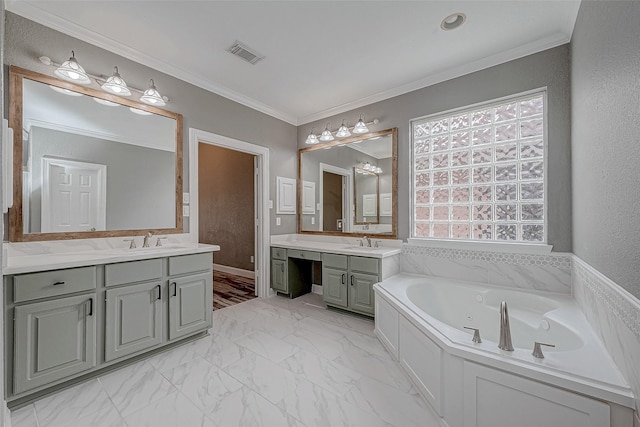 bathroom featuring crown molding, vanity, and a bath