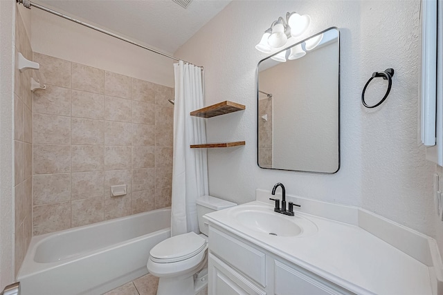 full bathroom featuring shower / bathtub combination with curtain, tile patterned flooring, a textured ceiling, toilet, and vanity