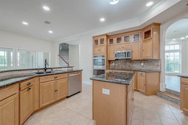 1810 Mccrary Rd, Richmond, TX 77406 - kitchen with appliances with stainless steel finishes, a sink, ornamental molding, decorative backsplash, and dark stone counters