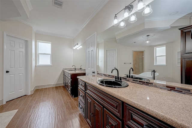 bathroom with hardwood / wood-style flooring, vanity, and crown molding