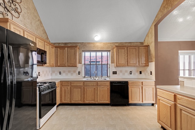 kitchen with backsplash, a textured ceiling, sink, and black appliances