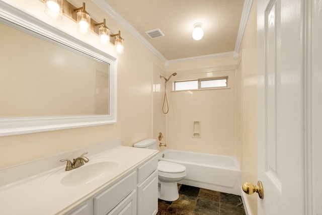 full bathroom featuring ornamental molding, washtub / shower combination, toilet, and vanity