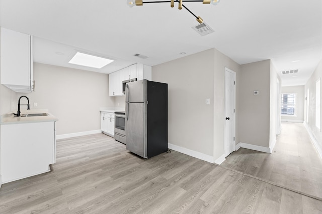 kitchen featuring white cabinets, light hardwood / wood-style floors, appliances with stainless steel finishes, and sink