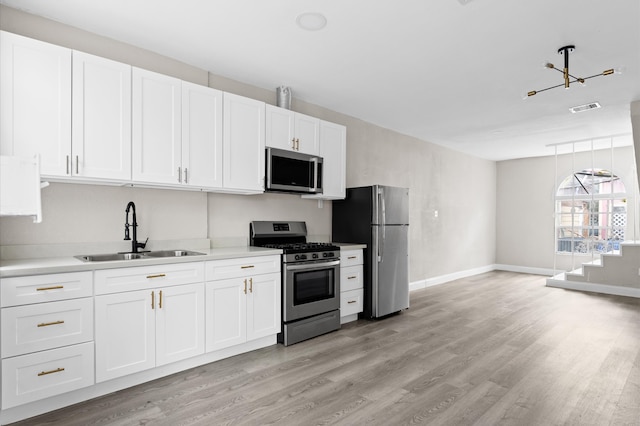 kitchen with sink, appliances with stainless steel finishes, light wood-type flooring, white cabinets, and pendant lighting