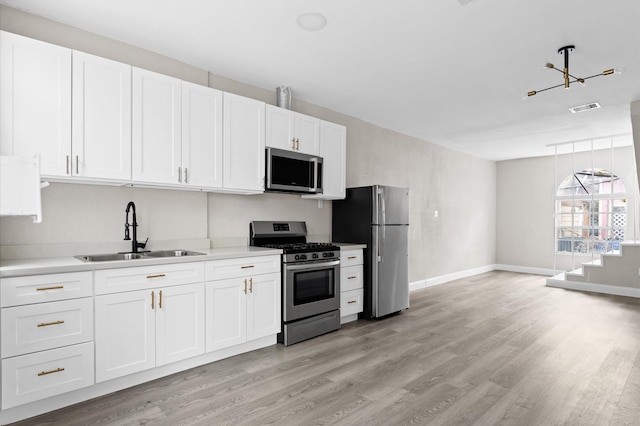 213 Super St, Houston, TX 77011 - kitchen featuring stainless steel appliances, a sink, light wood-style flooring, white cabinetry, and baseboards
